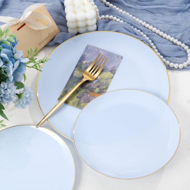 PULOTE 100PCS Blue Plastic Plates - Disposable Light Blue Include 50 Dinner & 50 Dessert/Salad Plates for Party, Wedding & Easter - Image 4